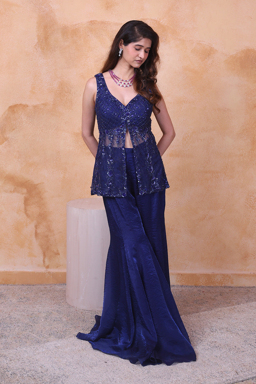 Midnight Blue Pant with Embellished Peplum Top Set