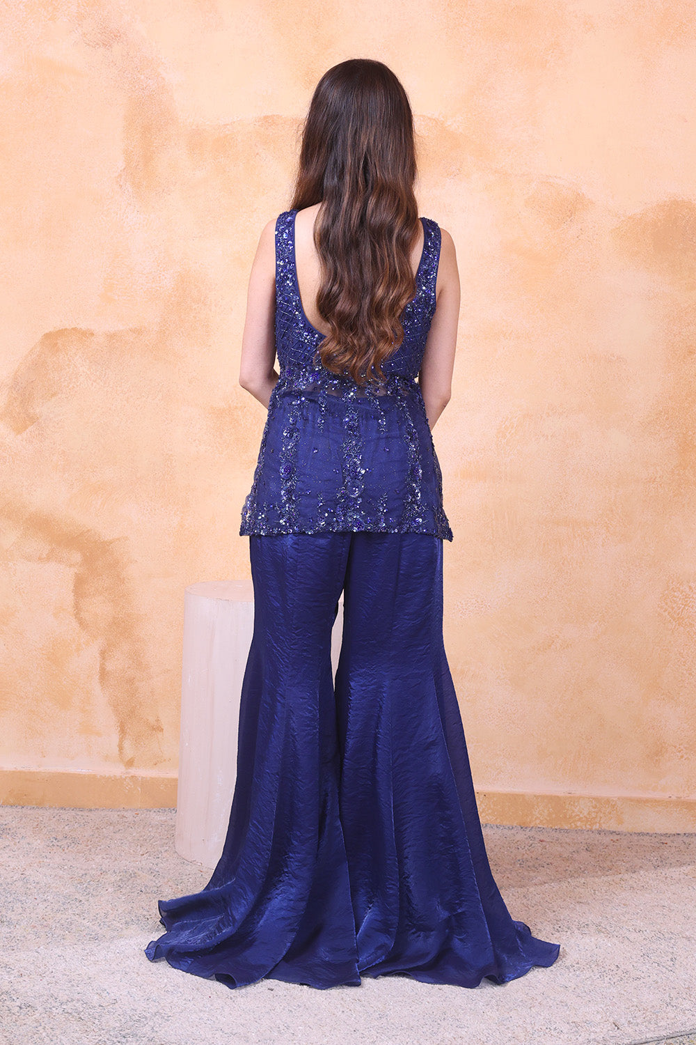Midnight Blue Pant with Embellished Peplum Top Set