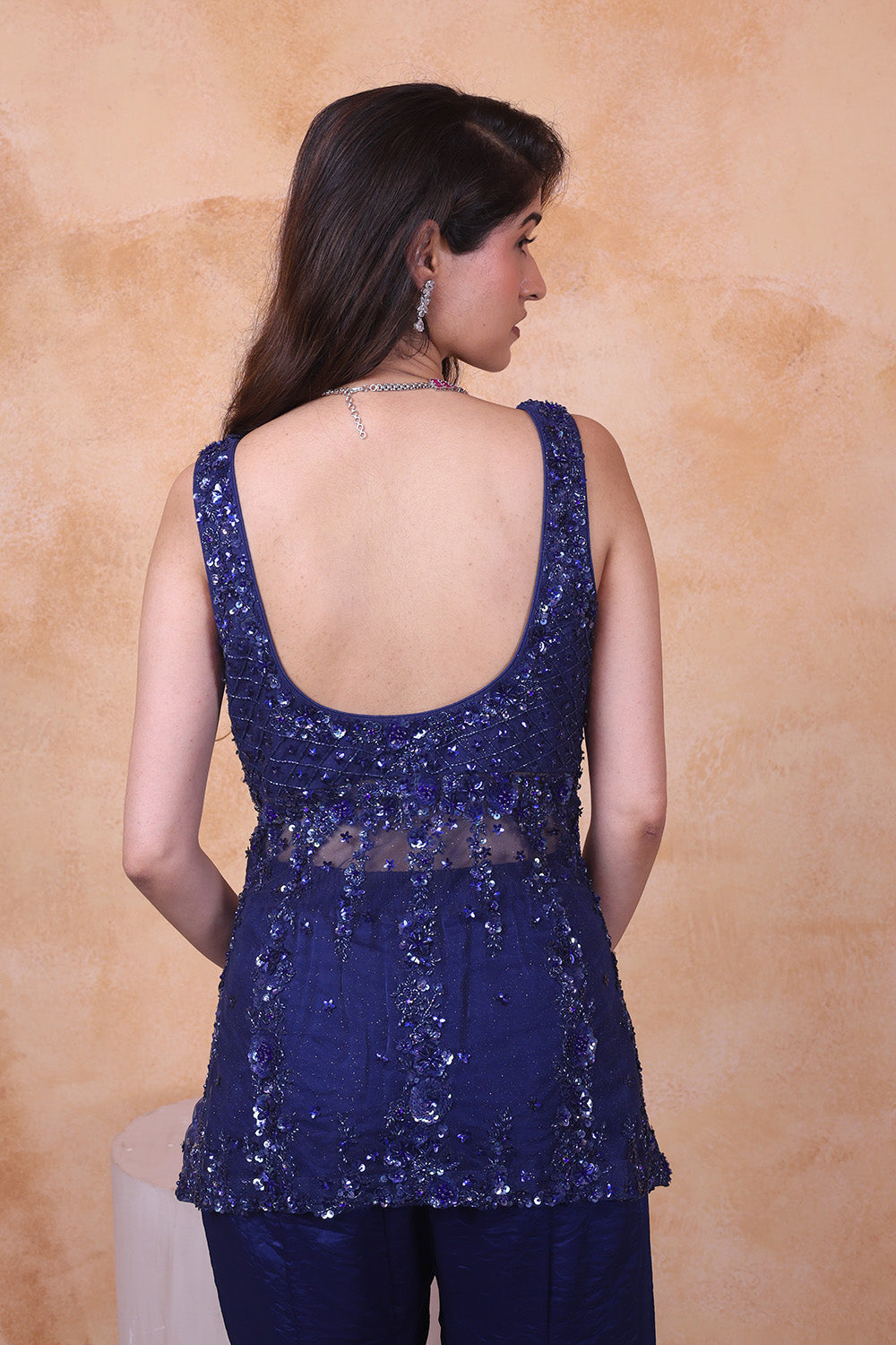 Midnight Blue Pant with Embellished Peplum Top Set