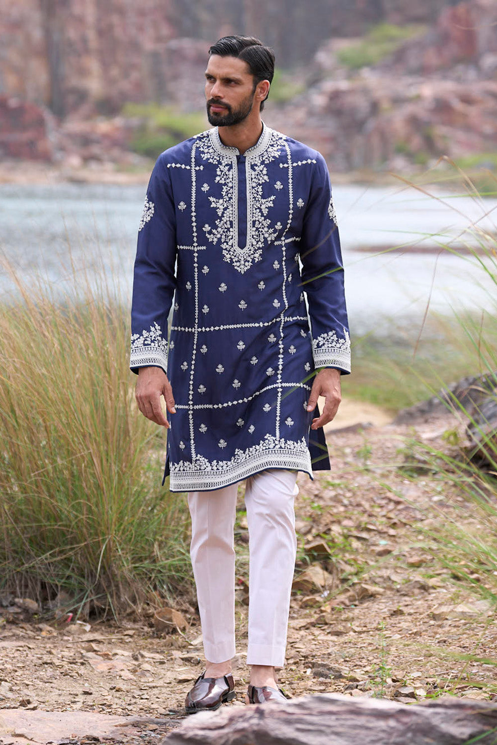 Midnight Blue Peony Pearl Cutdana Creeper Kurta Set