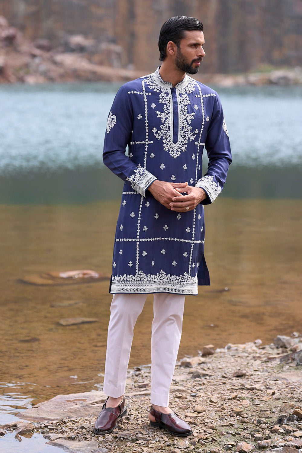 Midnight Blue Peony Pearl Cutdana Creeper Kurta Set