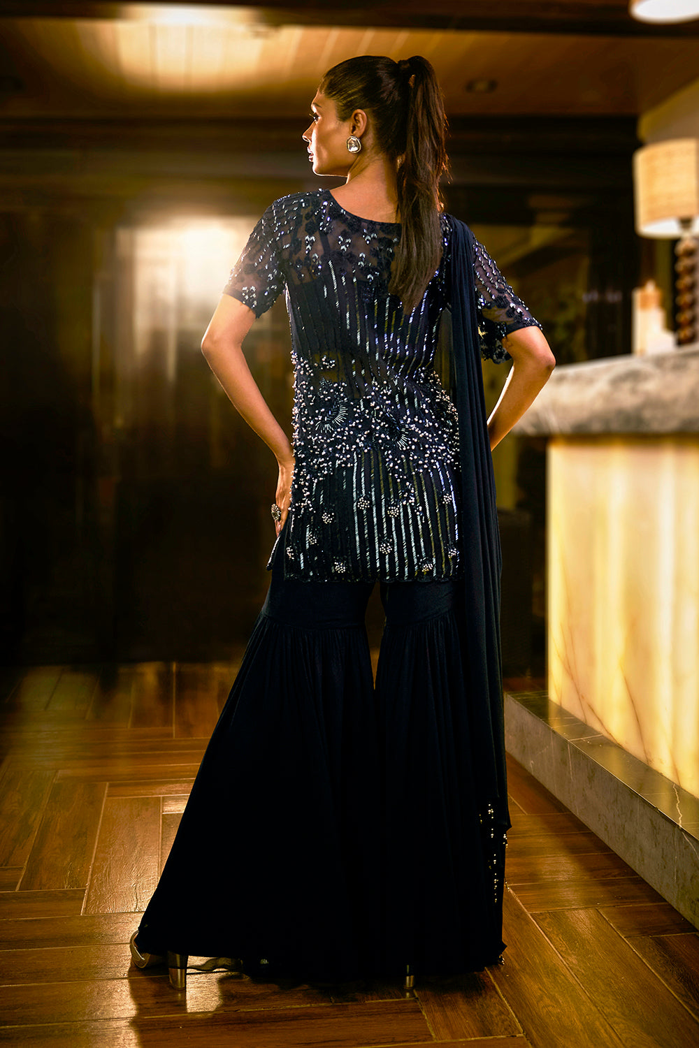 Midnight Blue sharara set with pearl and bead embellishments