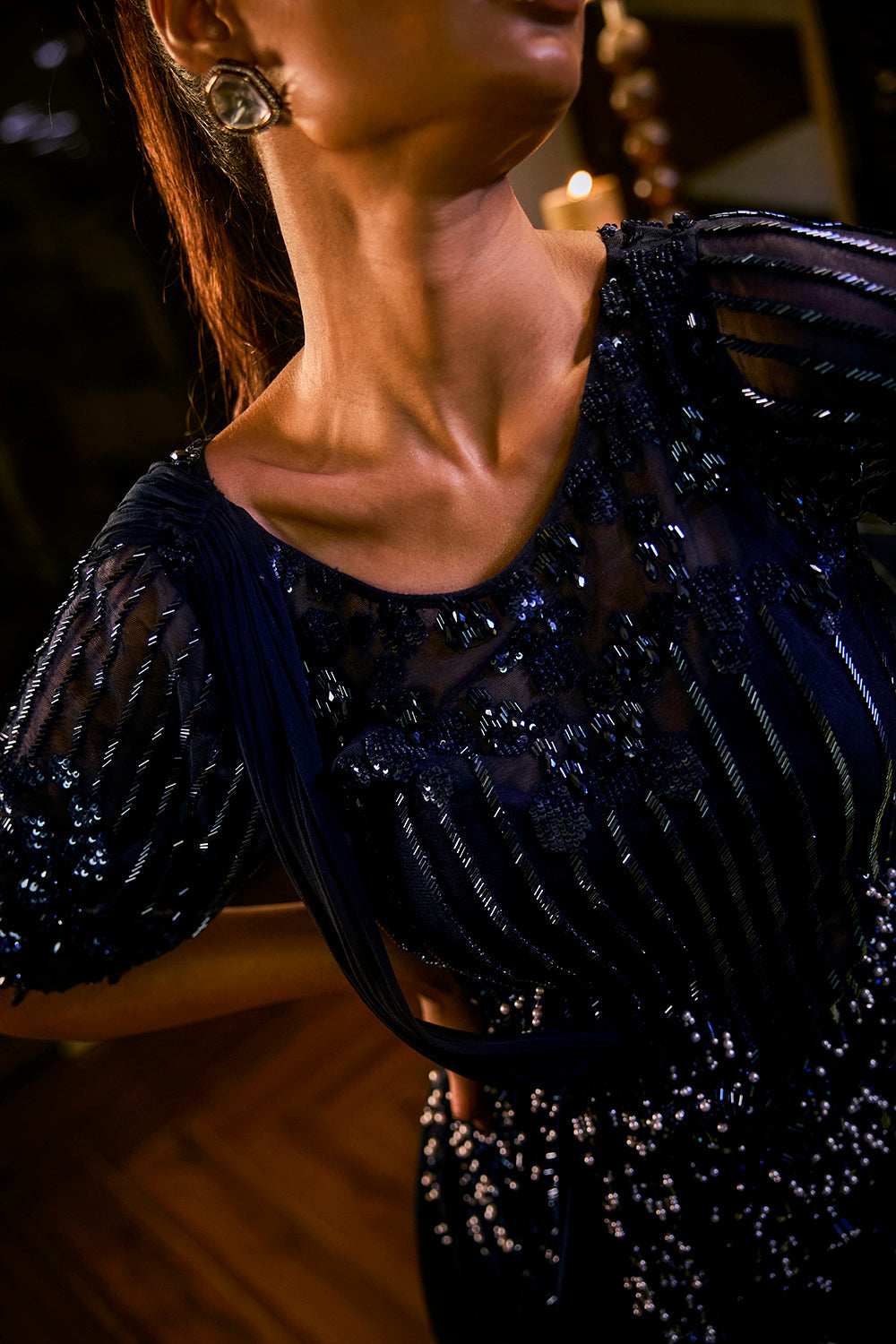 Midnight Blue sharara set with pearl and bead embellishments