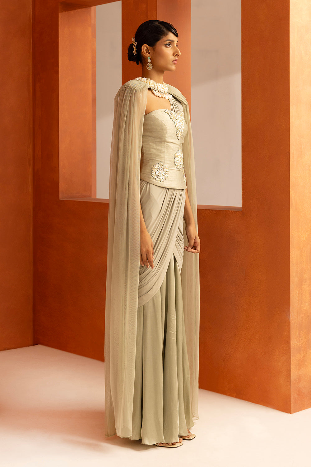 Mint Cape Detailled Drape Saree Set