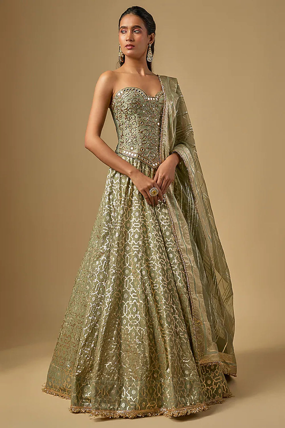 Mint Green Banarasi Chanderi Corset Lehenga Set
