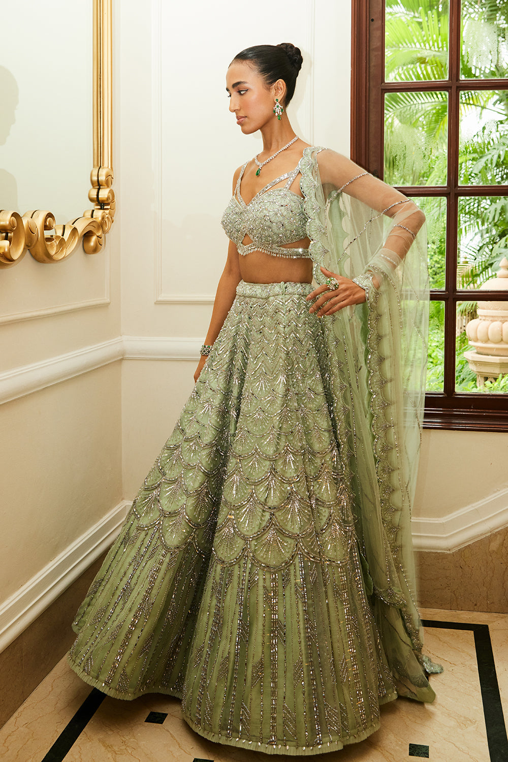 Mint Green Net Lehenga Choli and Dupatta