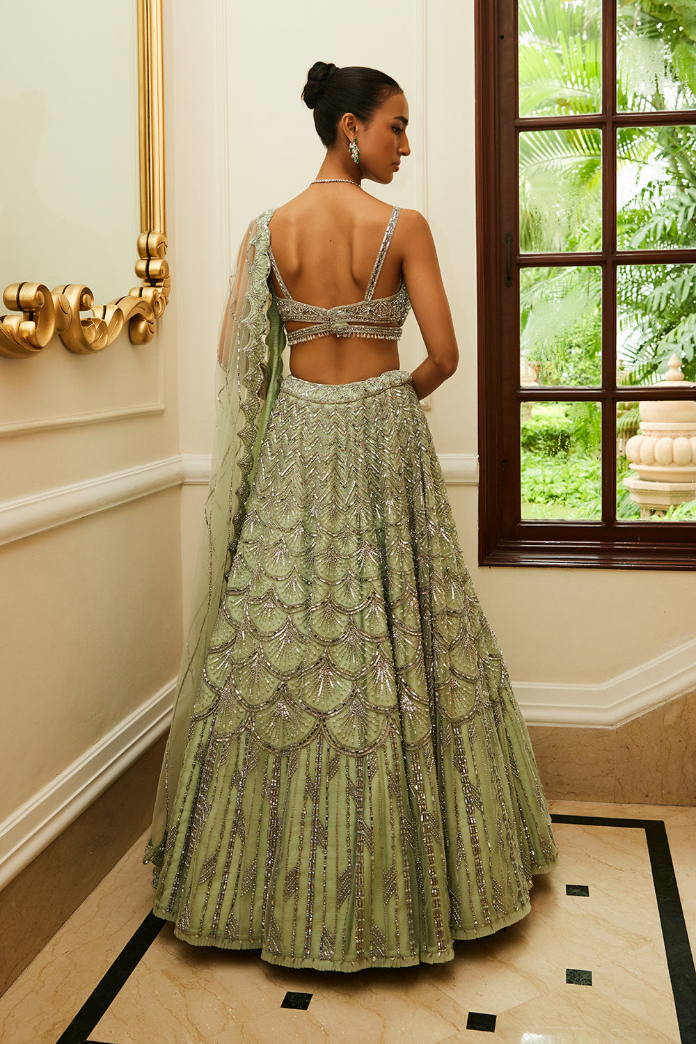 Mint Green Net Lehenga Choli and Dupatta