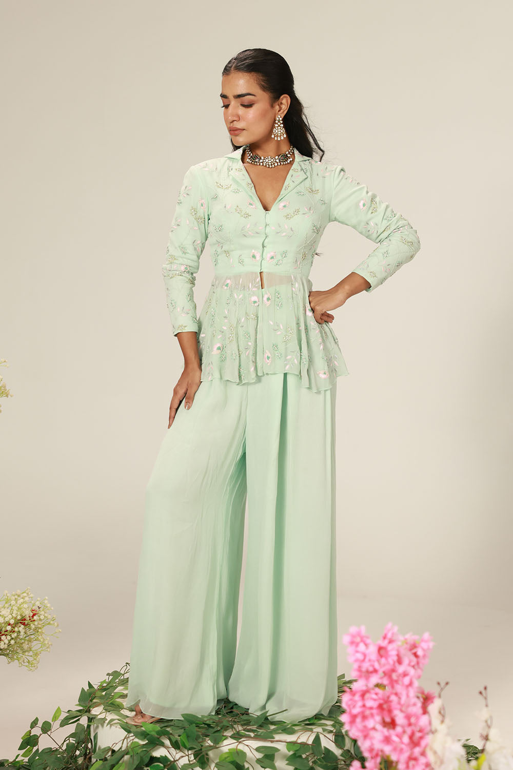 Mint Green Peplum-Style Top Paired With Flowy Wide-Leg Pants