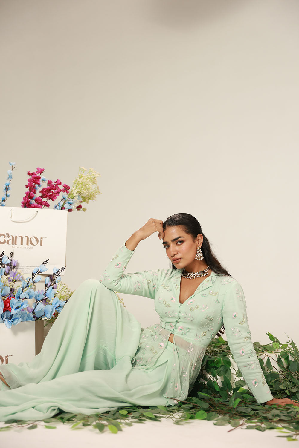 Mint Green Peplum-Style Top Paired With Flowy Wide-Leg Pants