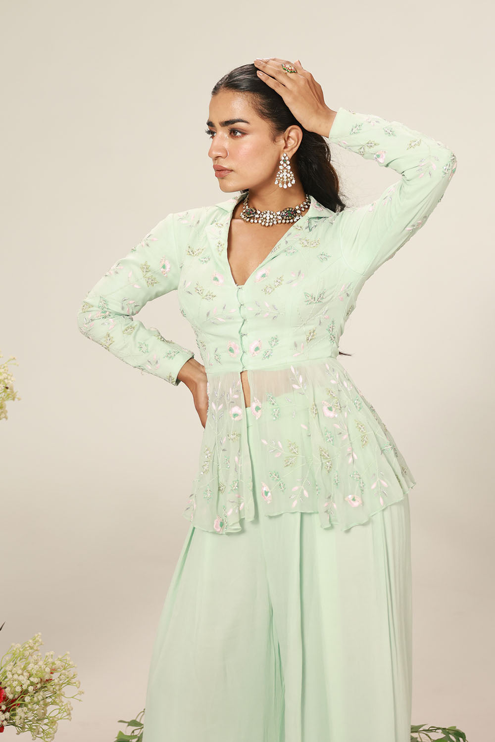Mint Green Peplum-Style Top Paired With Flowy Wide-Leg Pants