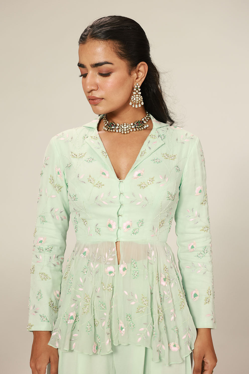 Mint Green Peplum-Style Top Paired With Flowy Wide-Leg Pants