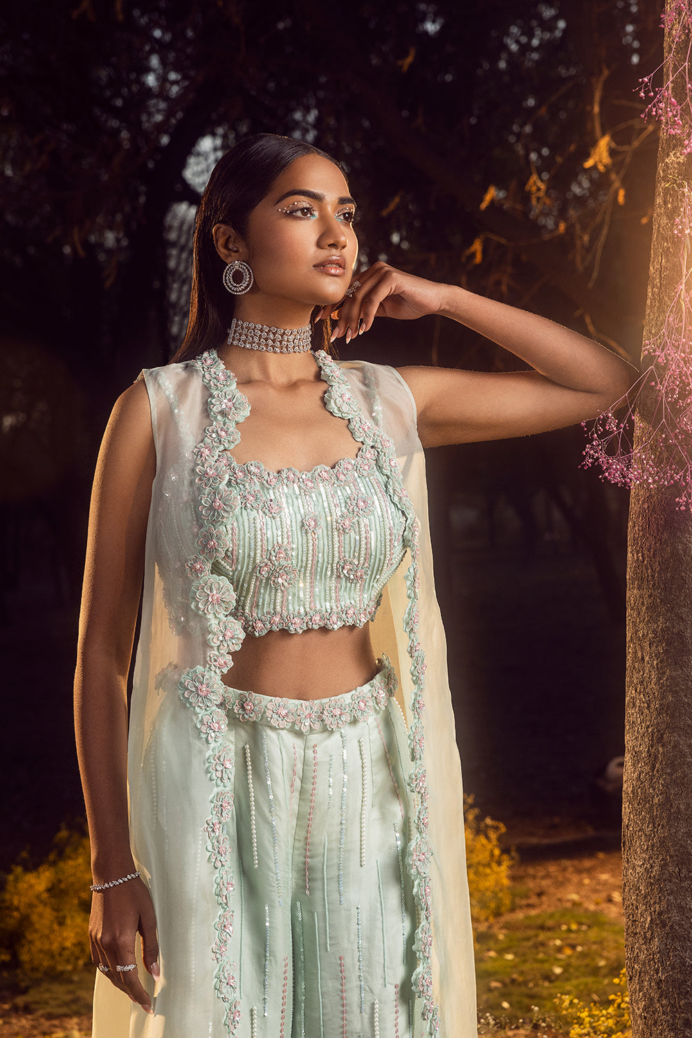 Mint Green Trouser With Pleated Crop Top And Jacket Set