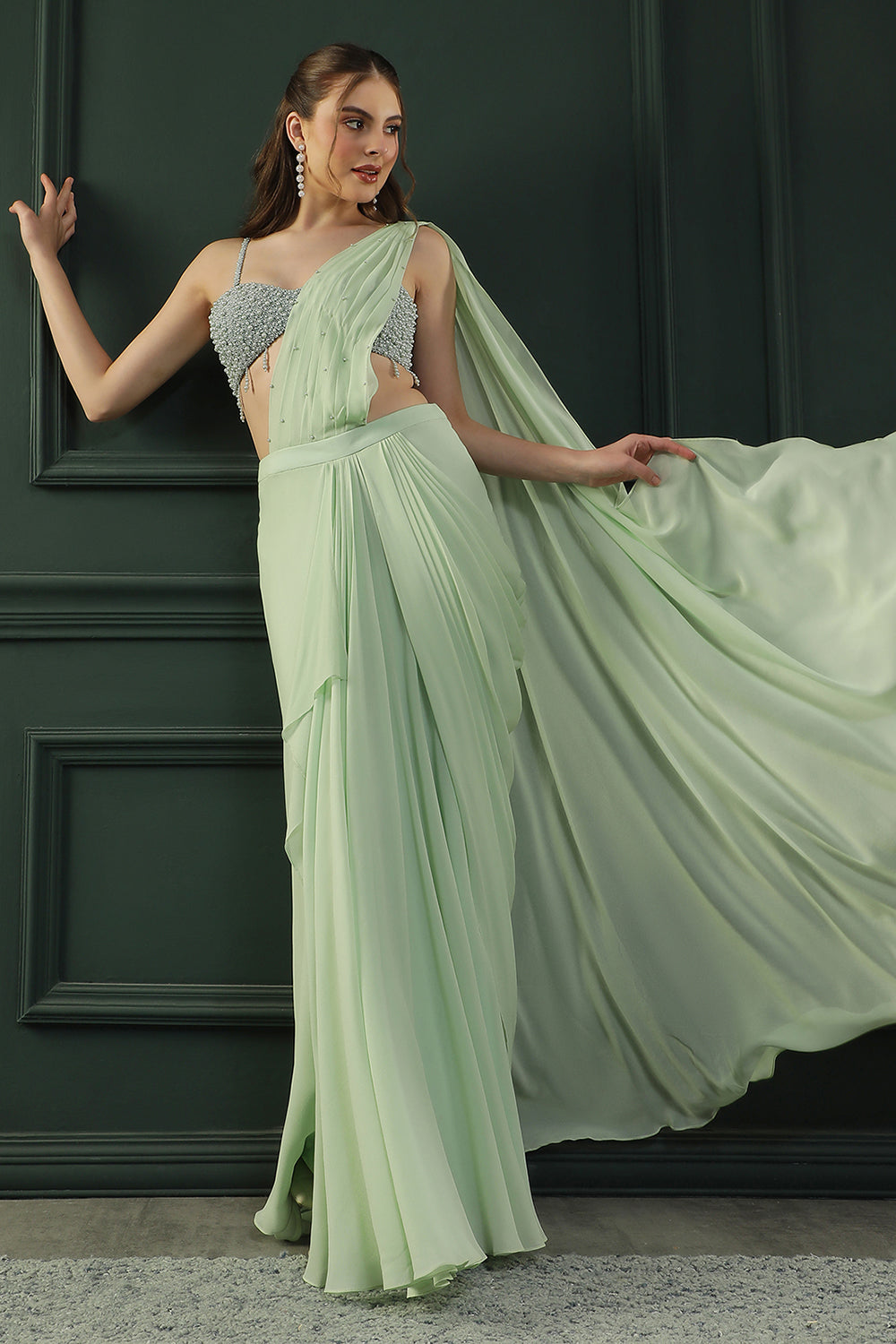 Mint Pearl Pre-drape Saree