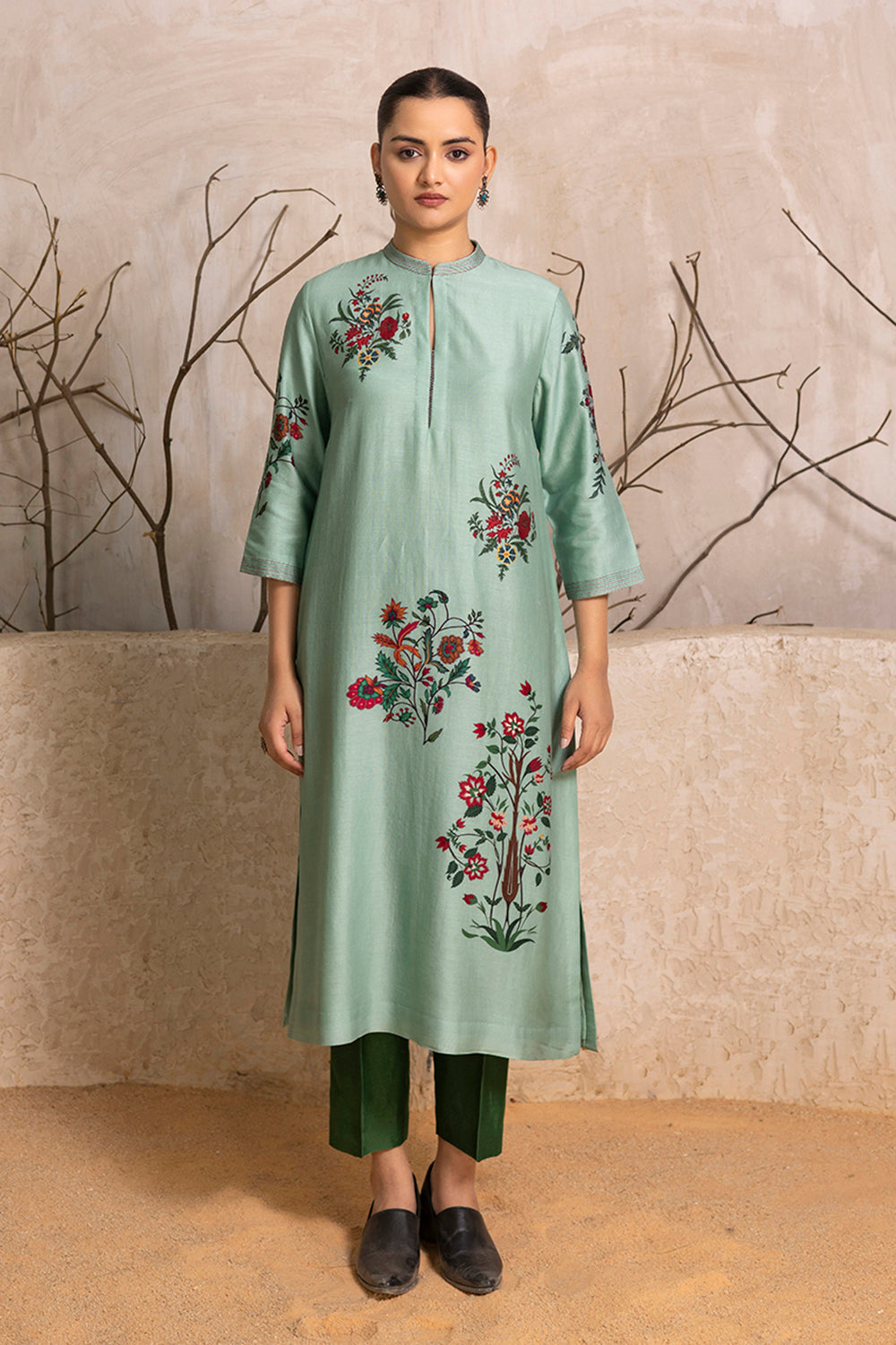 Mint Silk Chanderi Floral Boota Printed Tunic