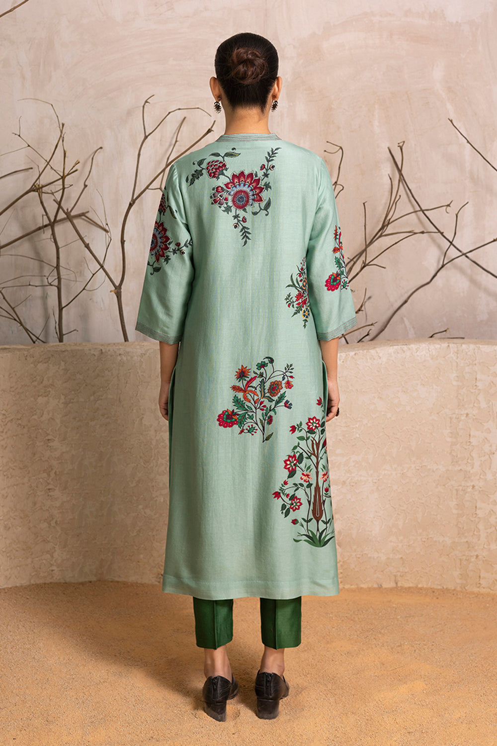 Mint Silk Chanderi Floral Boota Printed Tunic