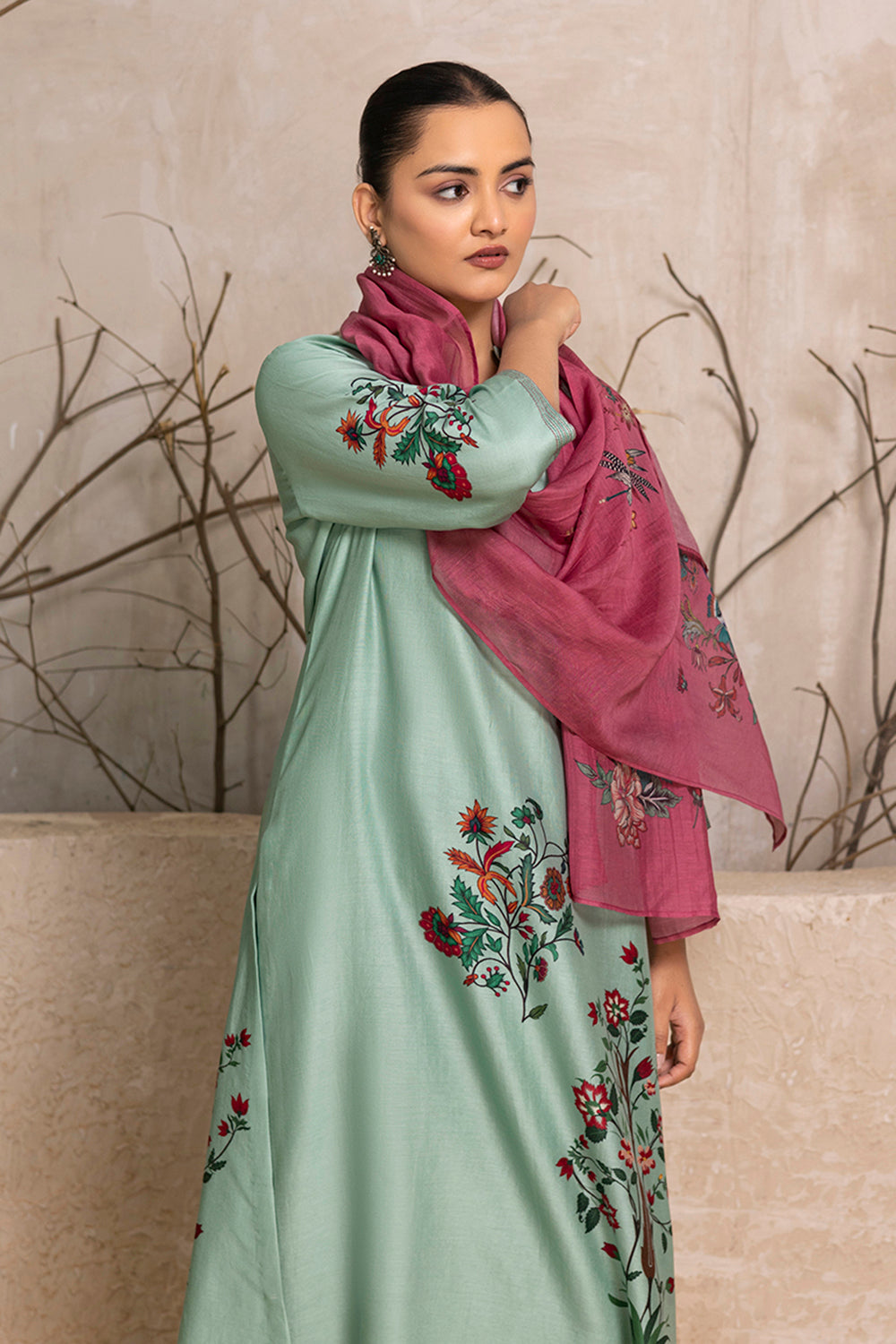 Mint Silk Chanderi Floral Boota Printed Tunic