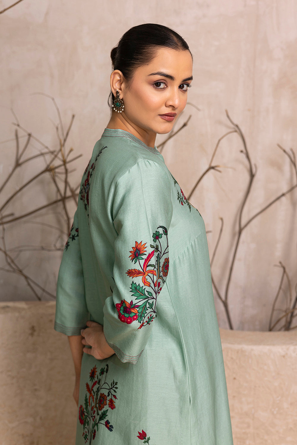 Mint Silk Chanderi Floral Boota Printed Tunic