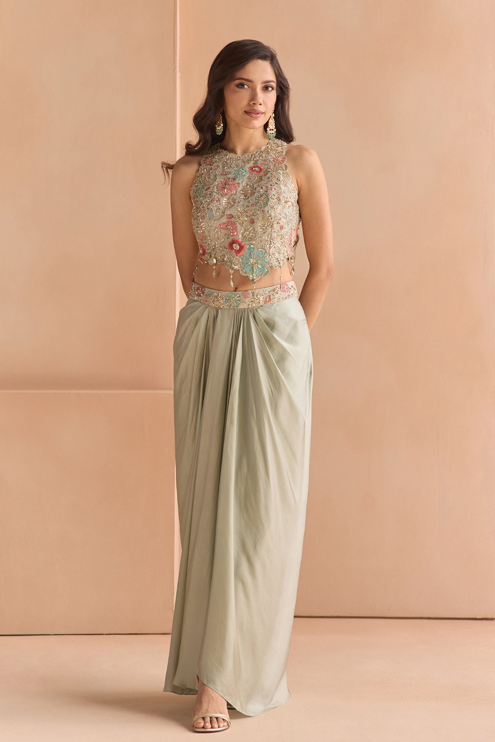 Mist Blue Embroidered Top & Skirt Set