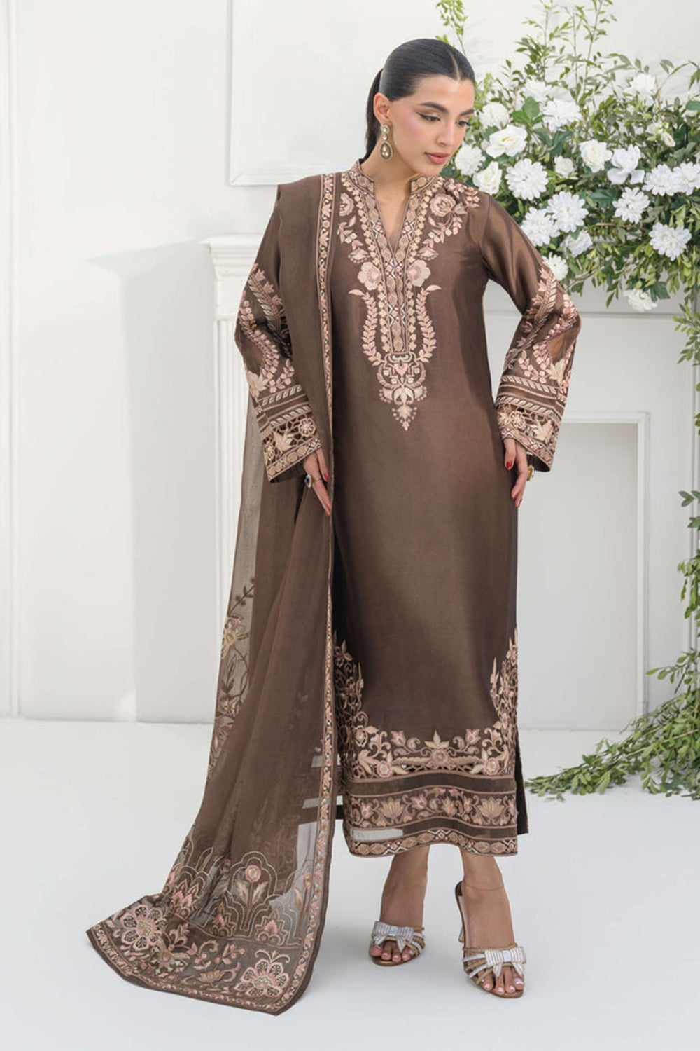 Mocha Brown Silk Embroidered Straight Suit Set