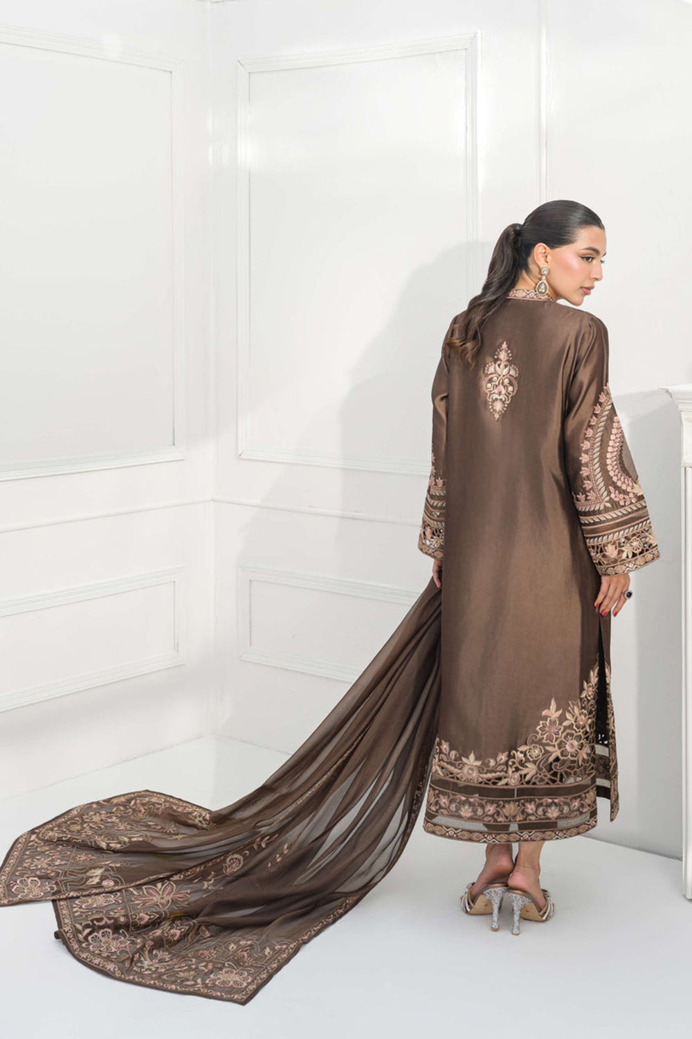 Mocha Brown Silk Embroidered Straight Suit Set