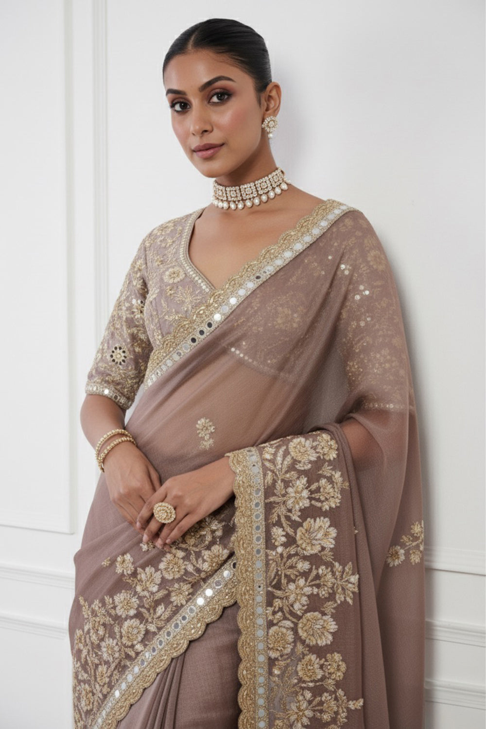 Mocha Hand Embroidered Saree Set