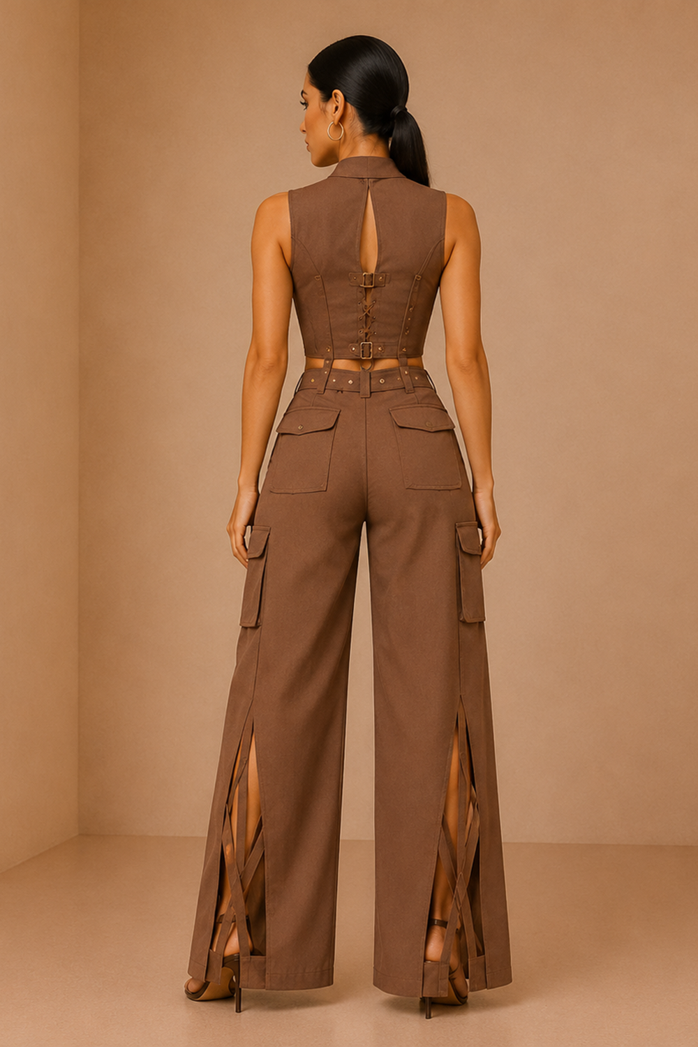 Mocha Mousse Utility Corset & Wide-Leg Pants Set