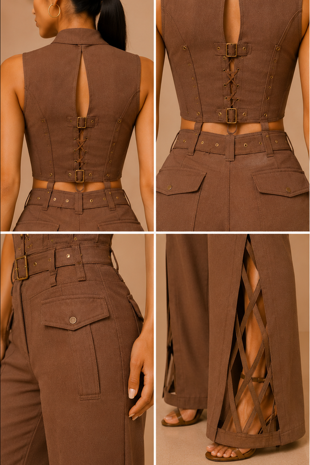 Mocha Mousse Utility Corset & Wide-Leg Pants Set