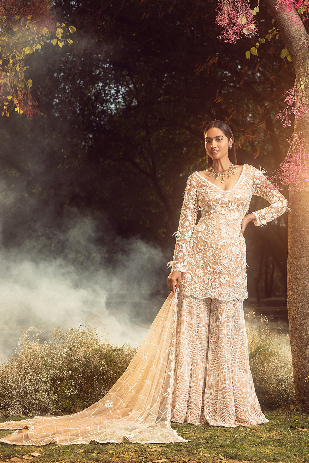 Mocha Net Kurta Sharara Set And Dupatta