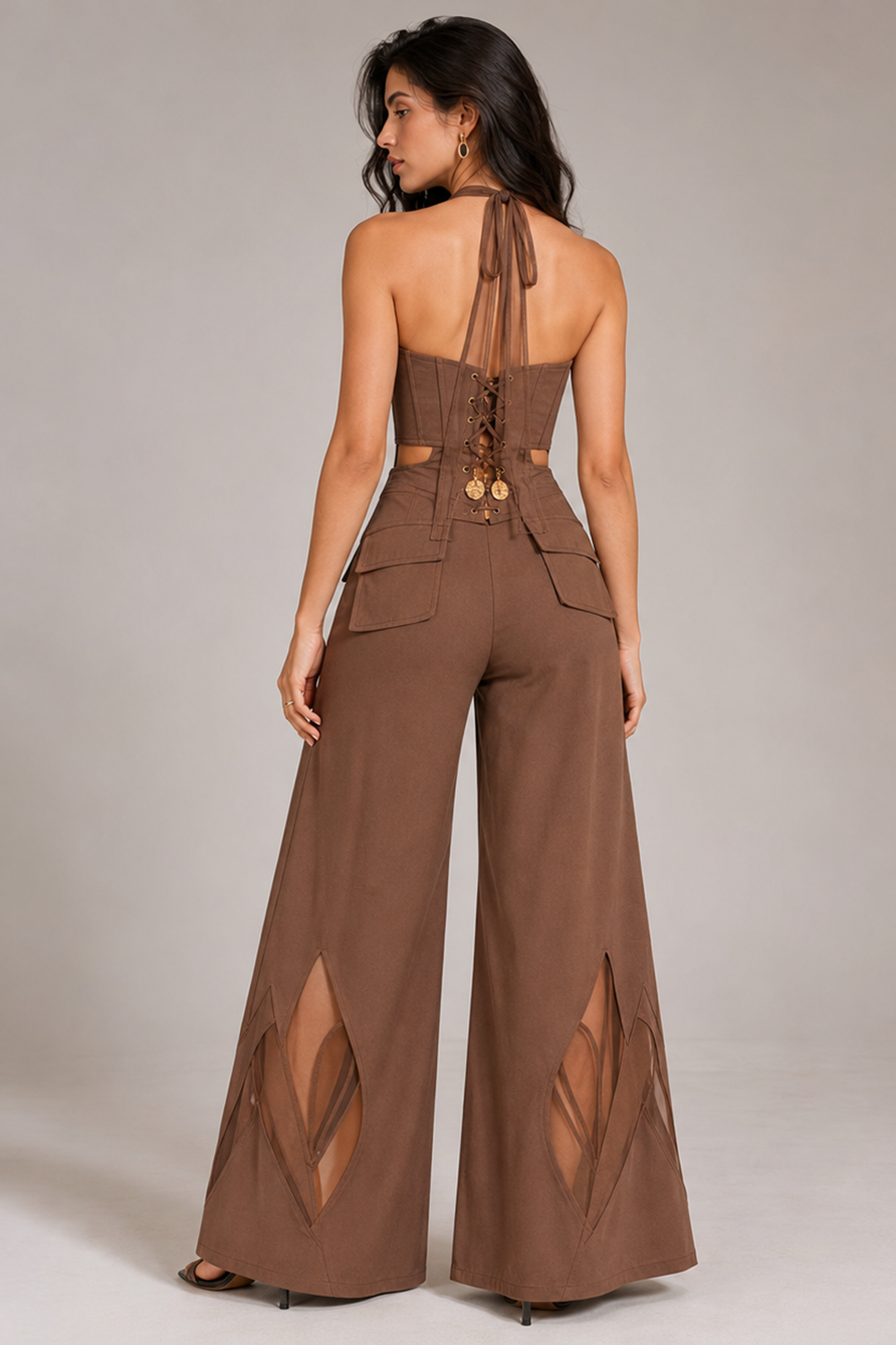 Mocha Brown Corset Top with Wide-Leg Mesh Cut-Out Pants Co-Ord Set