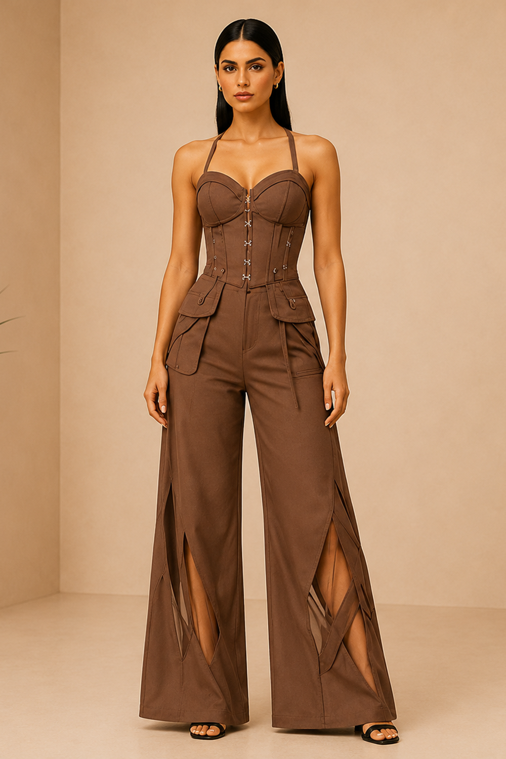 Modern Mocha Brown Corset Outfit with Statement Flare Trousers