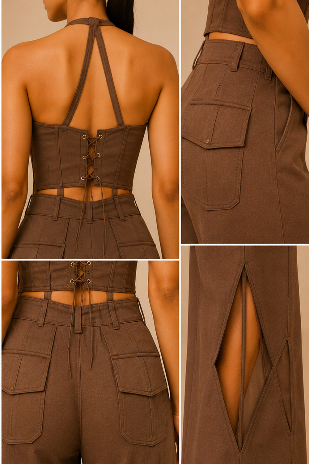 Modern Mocha Brown Corset Outfit with Statement Flare Trousers