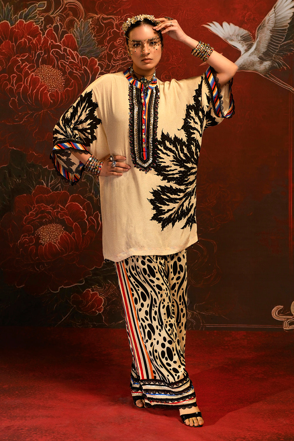 Mosaic Beige Black Printed crepe co-ord Festive Set