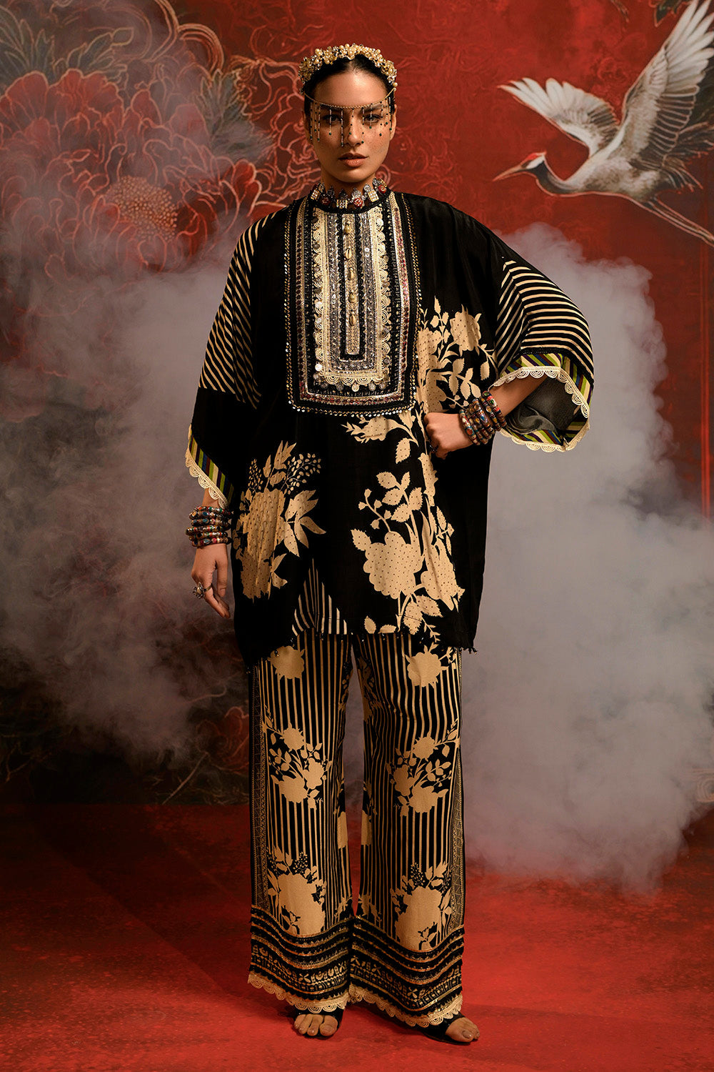 Mosaic Black Beige Floral Designer crepe Co-ord Festive Set