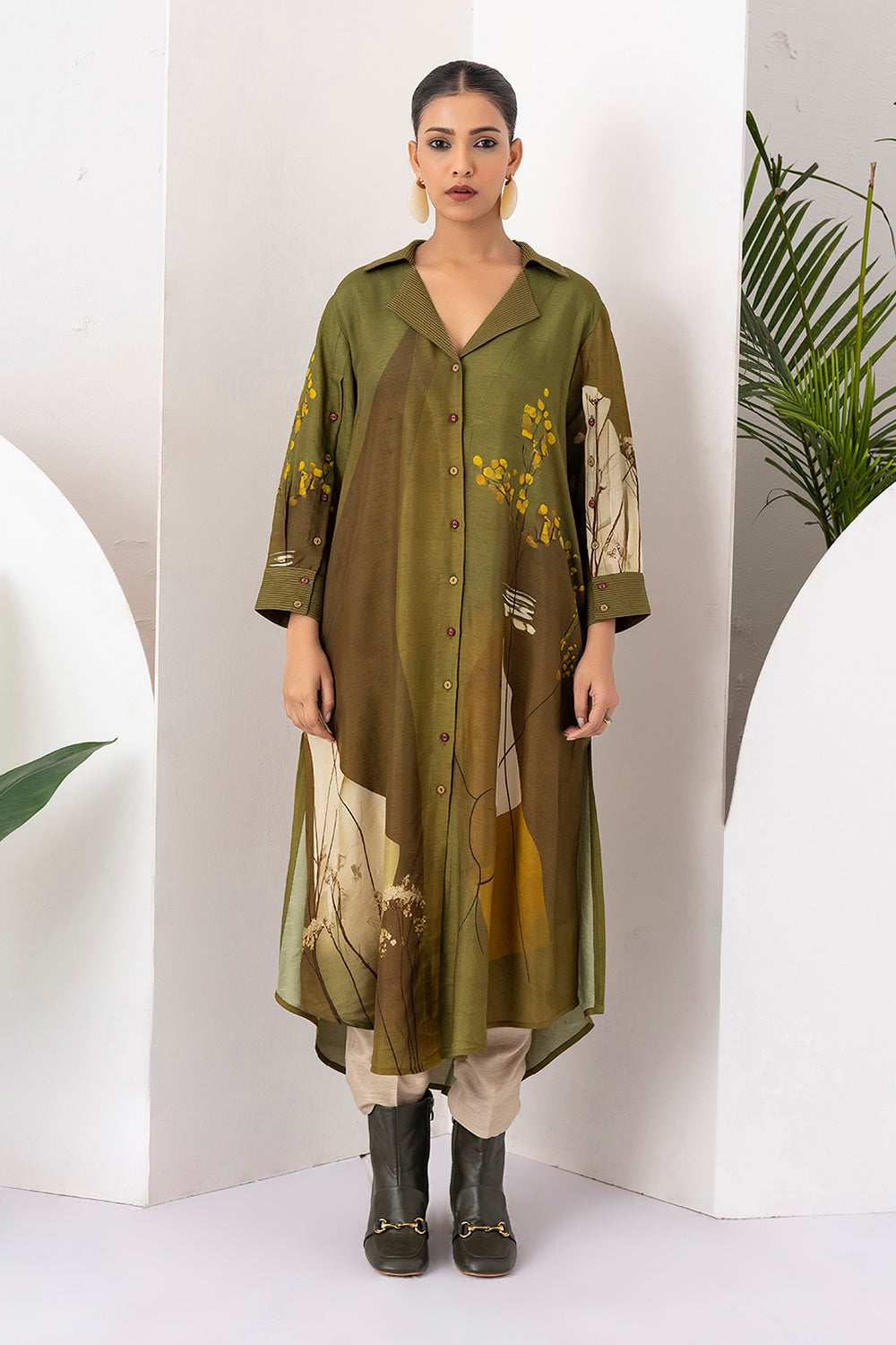 Moss Green Shaded Viscose Dupion Printed Dress