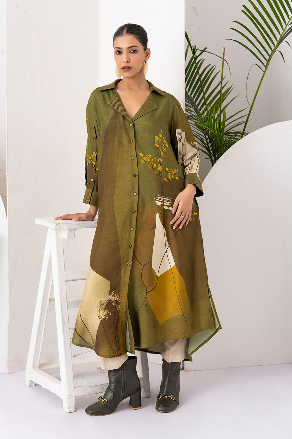 Moss Green Shaded Viscose Dupion Printed Dress