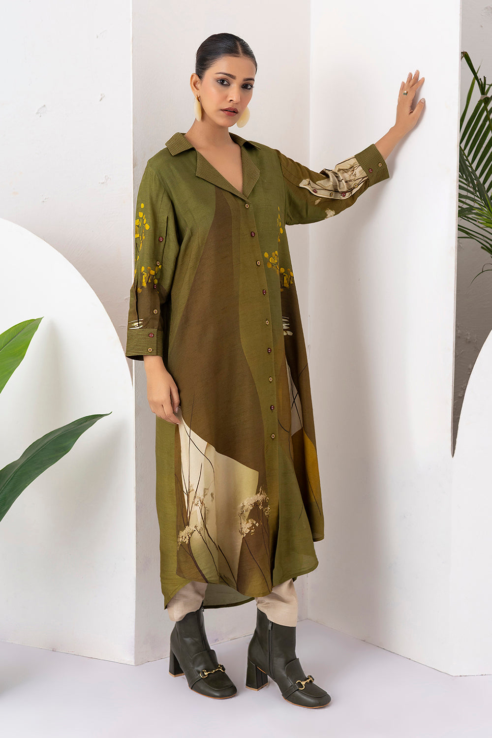 Moss Green Shaded Viscose Dupion Printed Dress