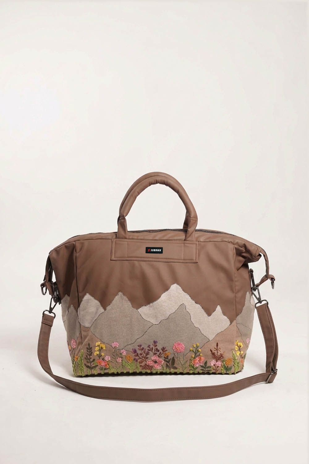 Mountain Patchwork & Embroidered Brown Duffle Bag