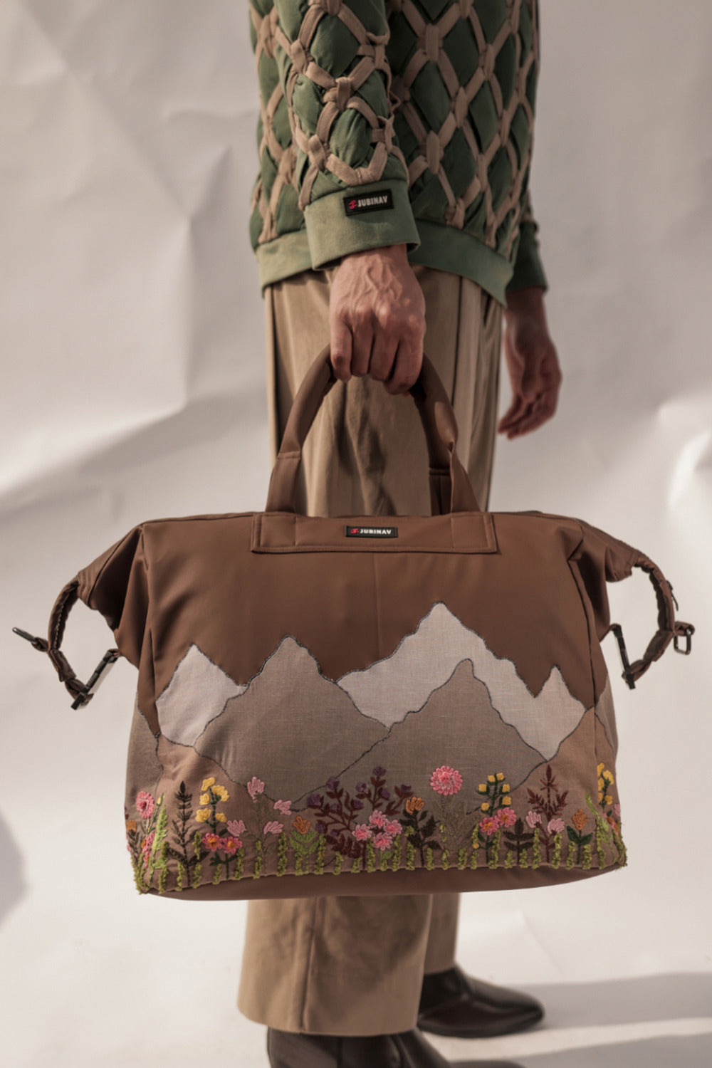 Mountain Patchwork & Embroidered Brown Duffle Bag