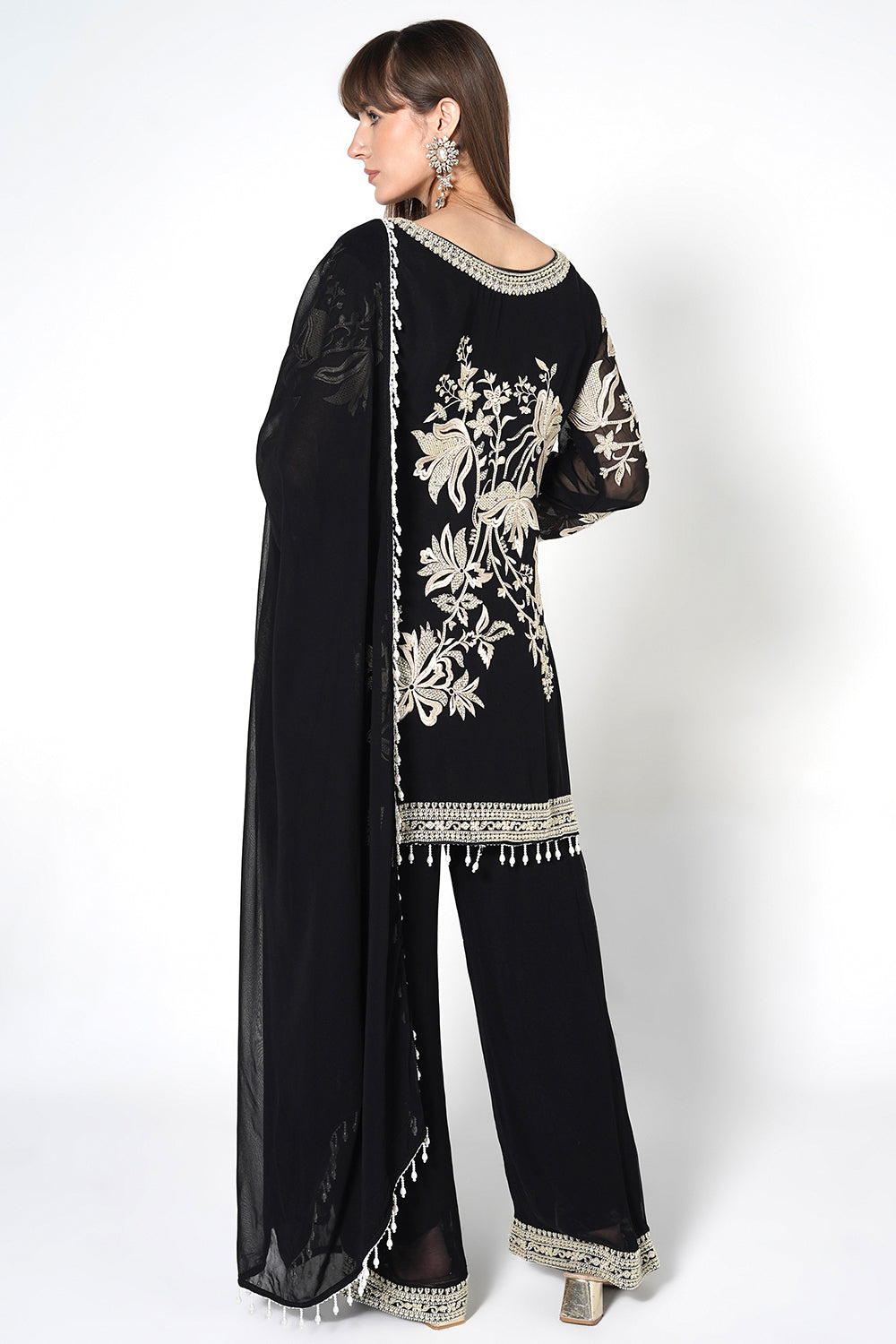 Mouse Grey Georgette Kurta Set With Contrast White Embroidery And Matching Dupatta