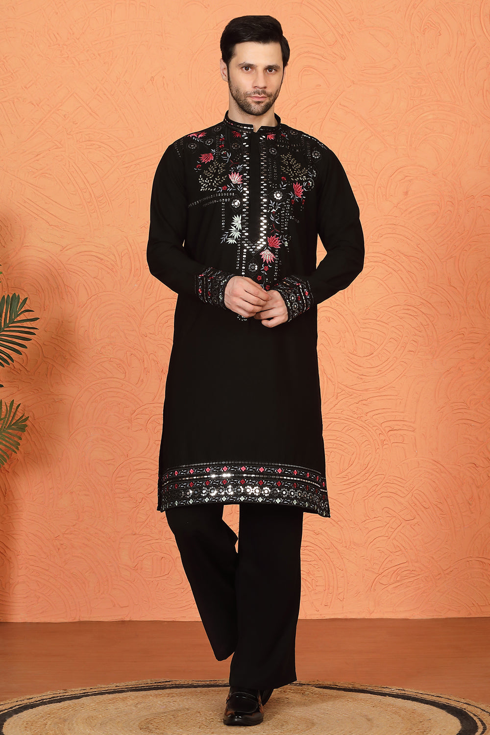 Multi Colored Flora Embroidered Kurta with Loose Fit Parallel Matching  Pants