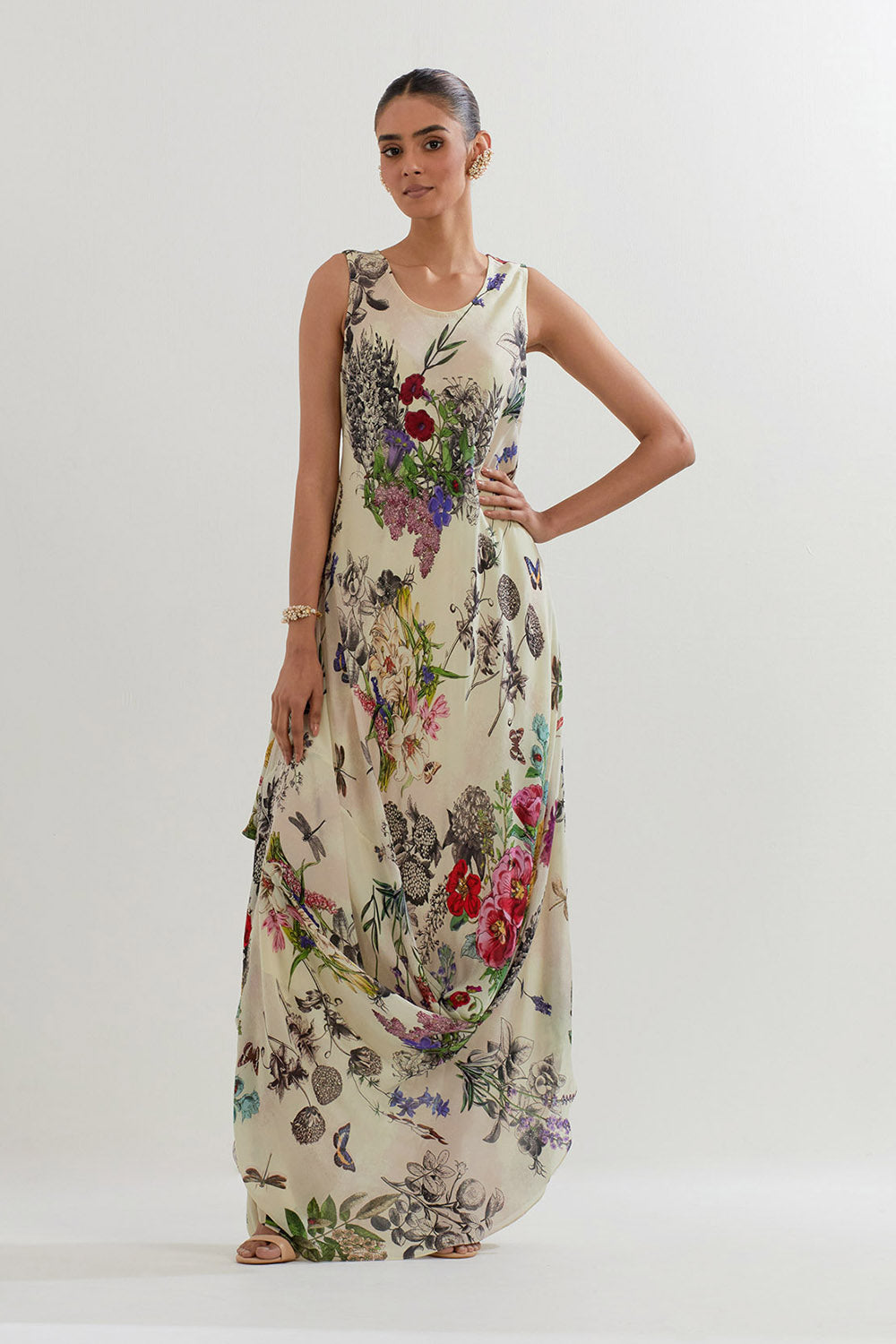 Multi Colour Botanical Printed Cowl Dress