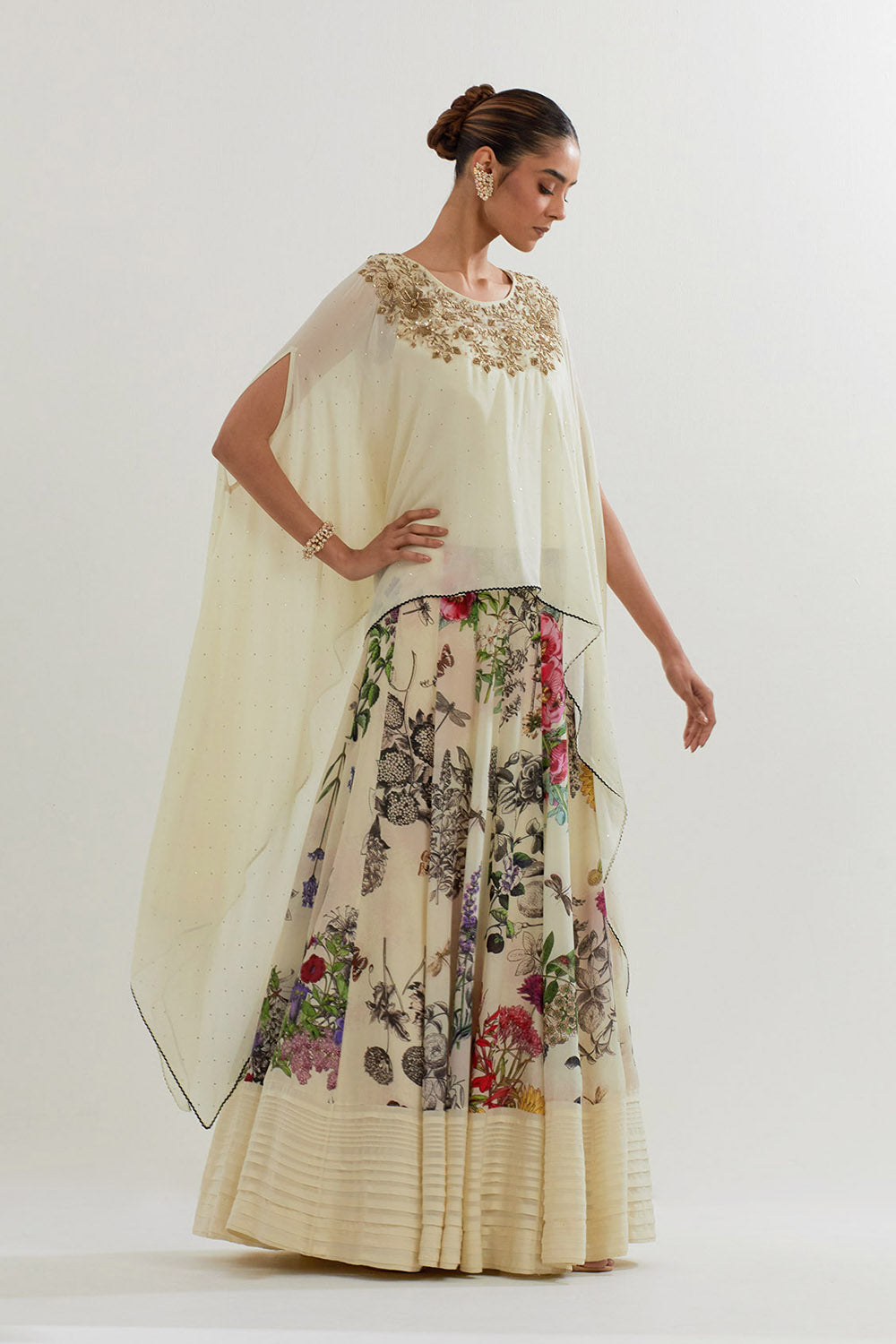 Multi Colour Botanical Printed Sharara  With Dupatta Cape