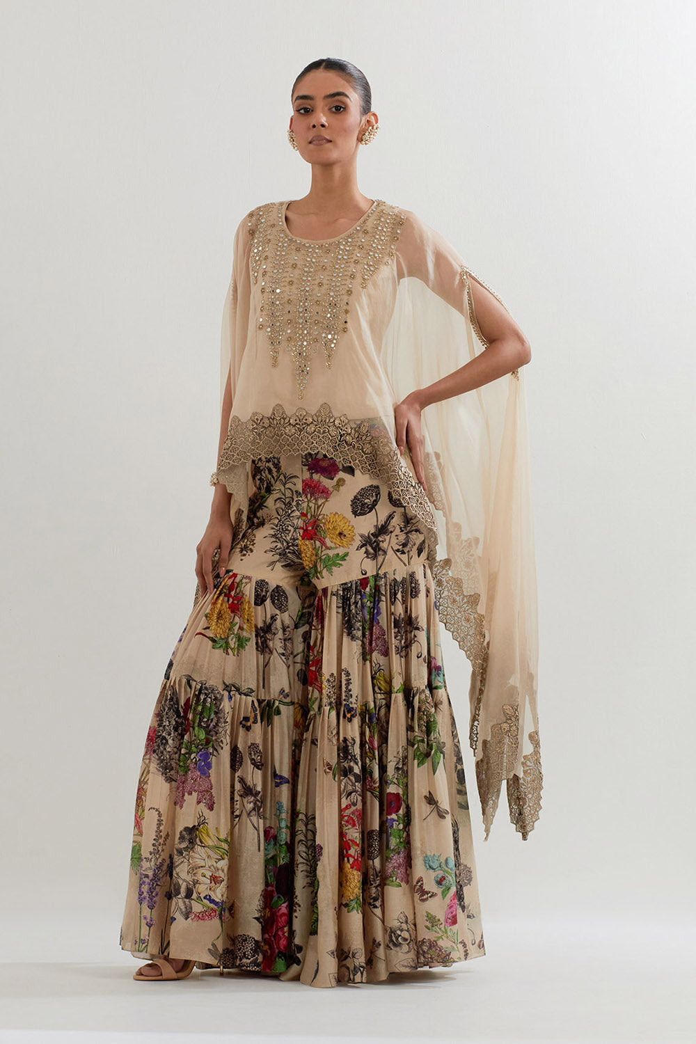 Multi Colour Botanical Printed Sharara  With Dupatta Cape