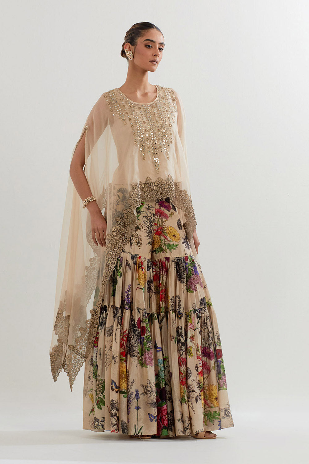 Multi Colour Botanical Printed Sharara  With Dupatta Cape