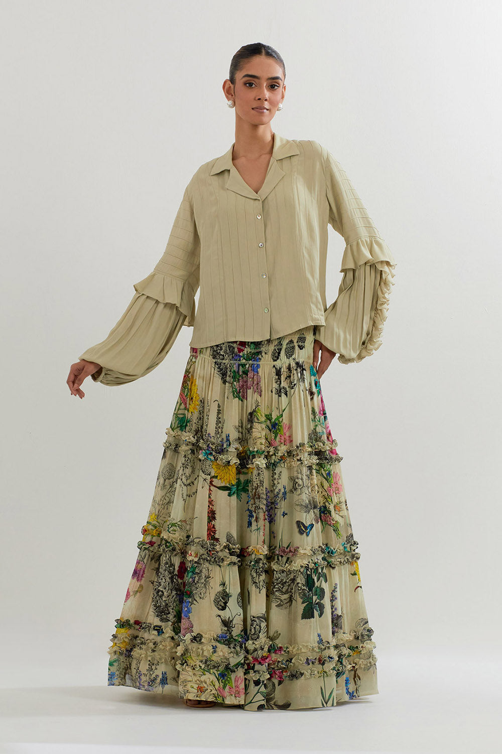 Multi Colour Botanical Printed Skirt With Ruffle Shirt