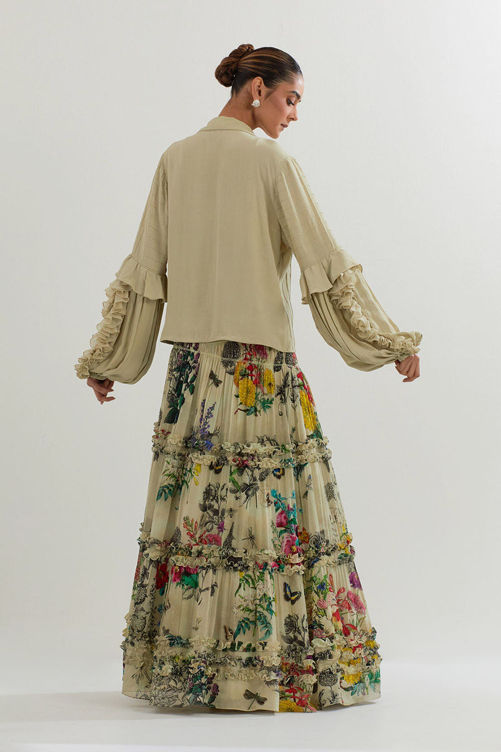 Multi Colour Botanical Printed Skirt With Ruffle Shirt