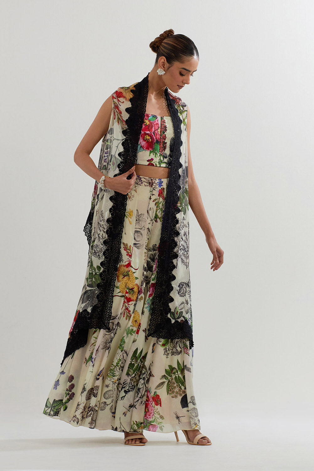 Multi Colour Cape With Bustier And Sharara