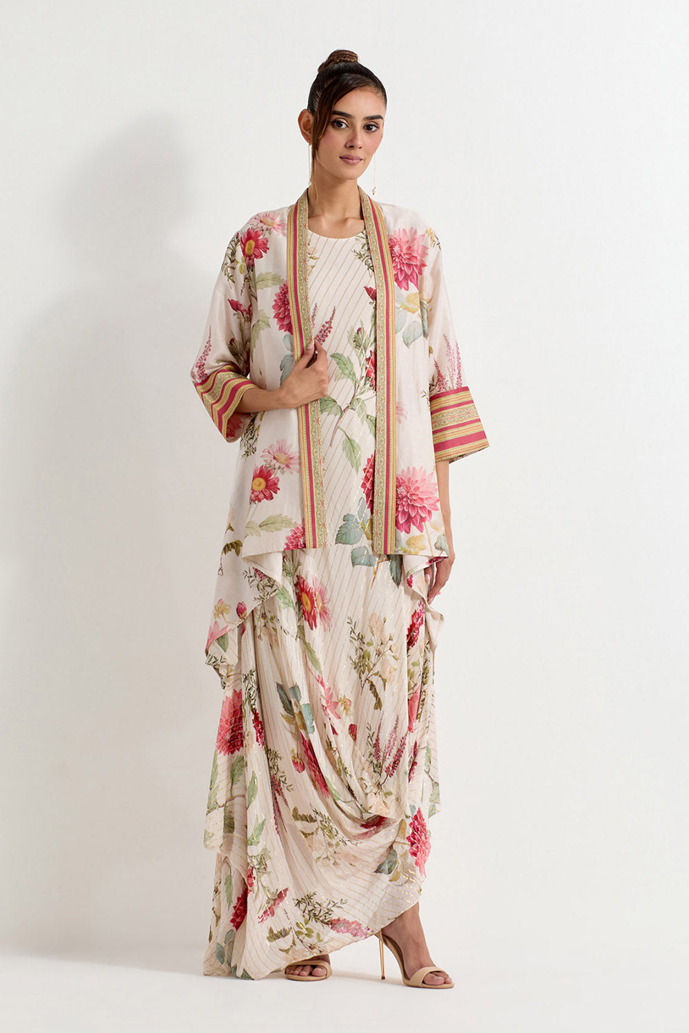 Multi Colour Lurex Georgette With Chanderi Jacket With Dress