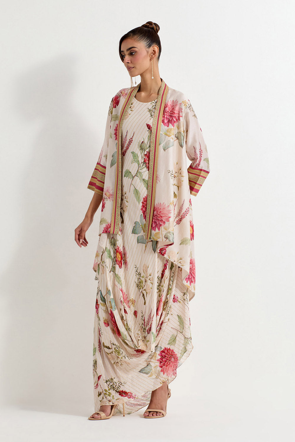 Multi Colour Lurex Georgette With Chanderi Jacket With Dress