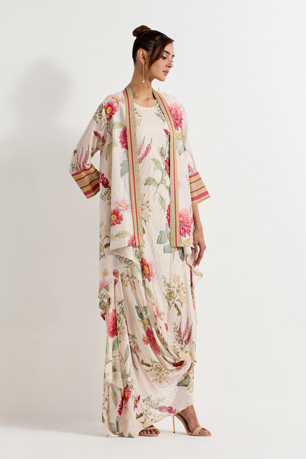 Multi Colour Lurex Georgette With Chanderi Jacket With Dress